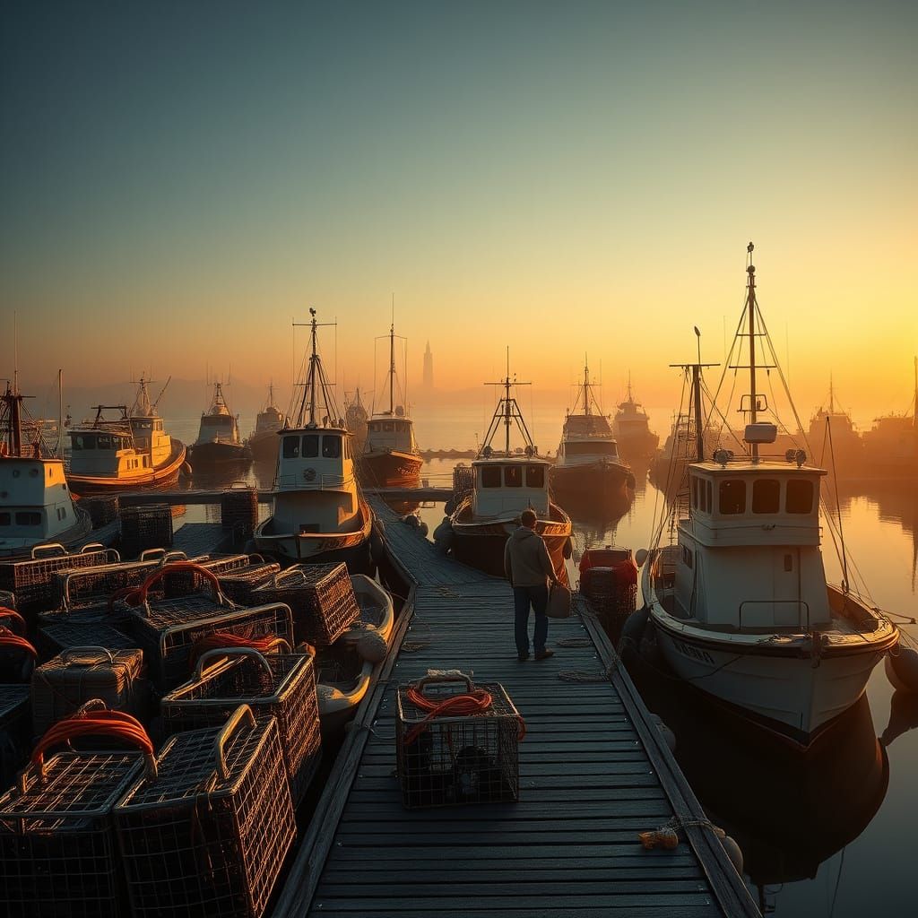 Maine Harbor at Dawn: Golden Light and Fishing Boats