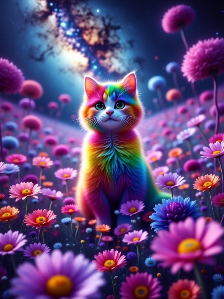 Rainbow Cat Enjoys Cosmic Alien Garden