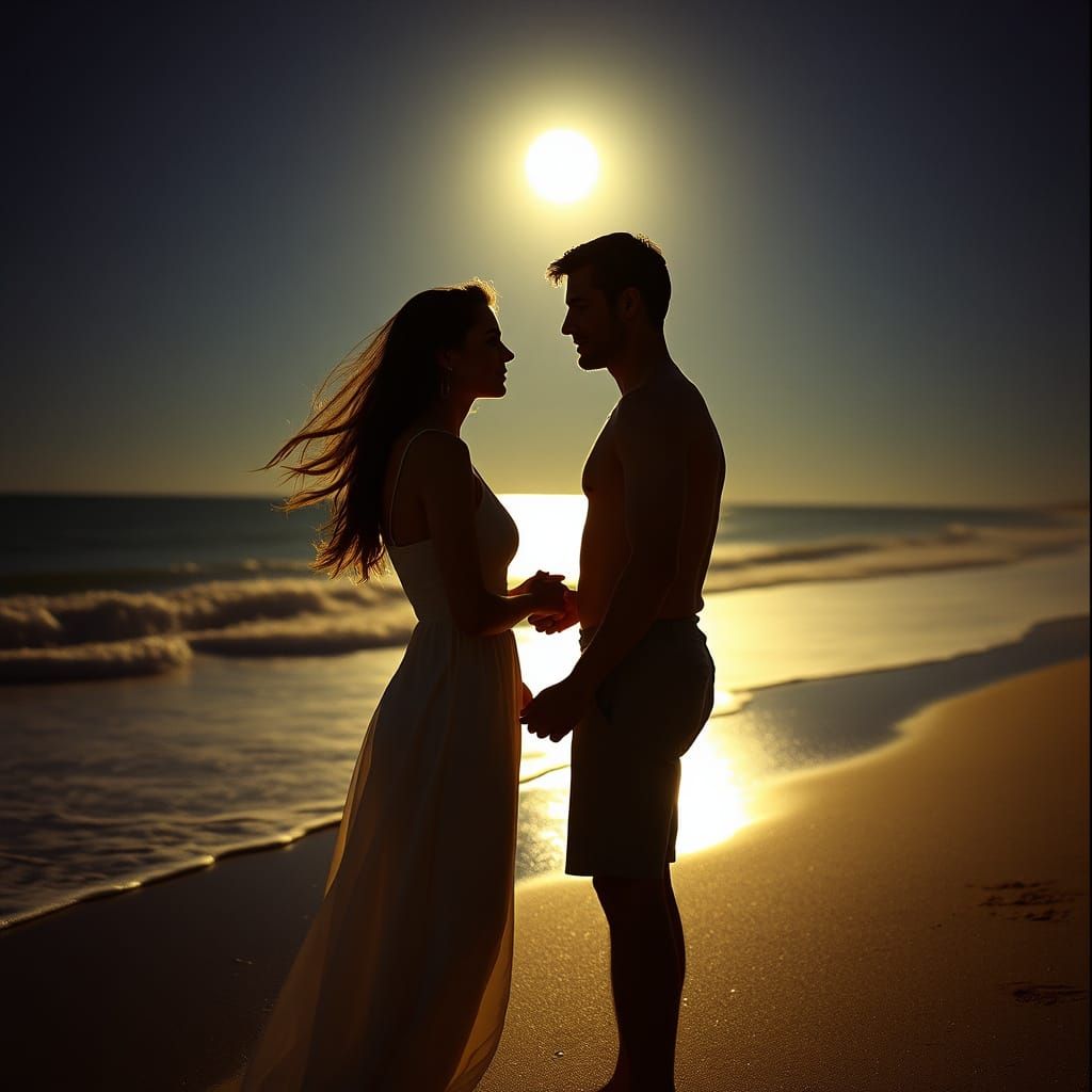 Romantic Moonlit Beach Scene in Cinematic Style