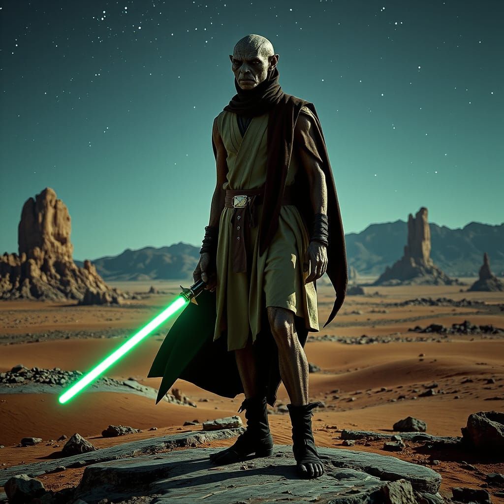 Jedi Master on Barren Planet at Night