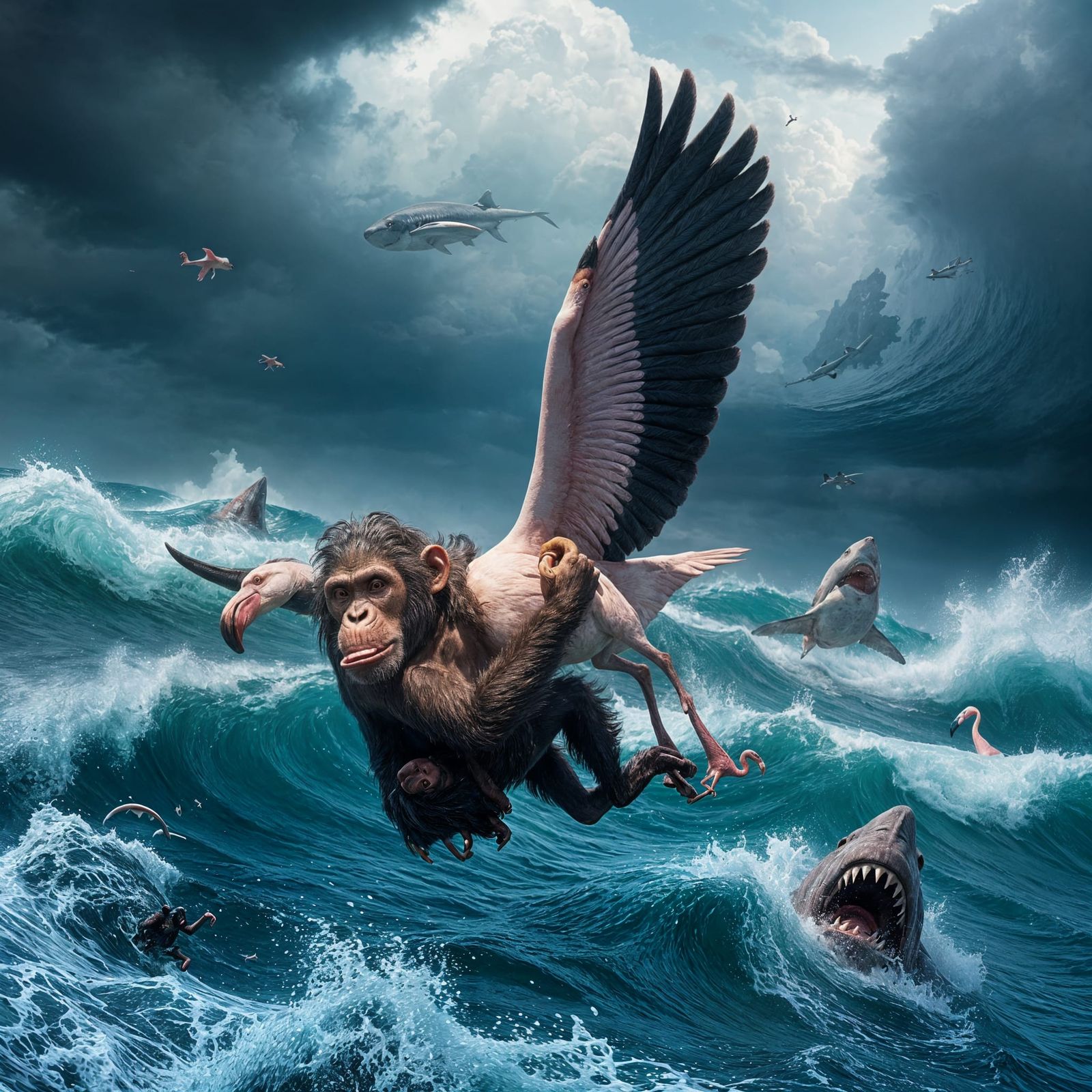 Fantastical Flamingo Rescues Chimpanzee in High-Fantasy Art