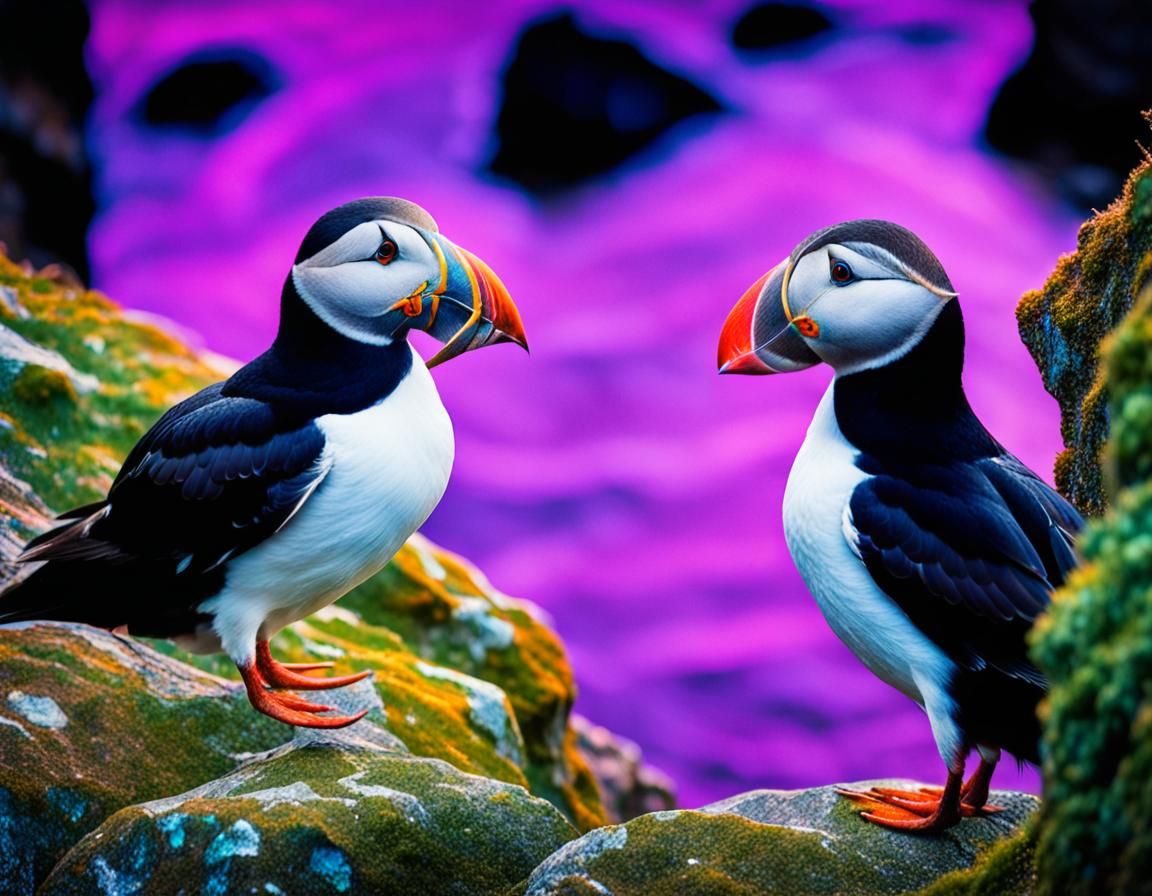 Surreal Puffin Portrait with Antlers in Psychedelic Style