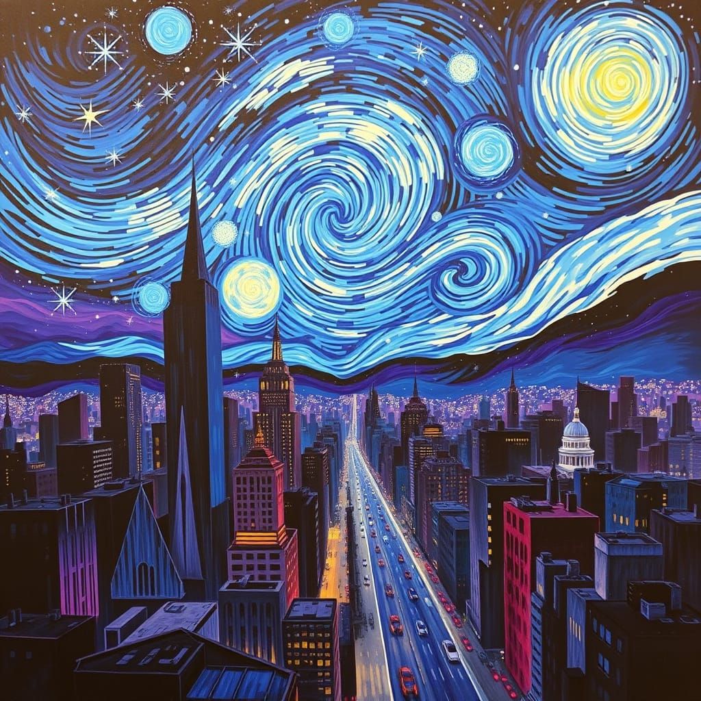 Cityscape at Dusk with Celestial Canvas