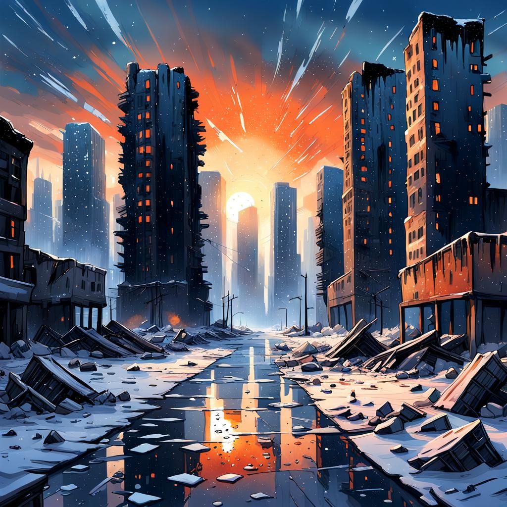 Dystopian Winter Cityscape in Gouache Art