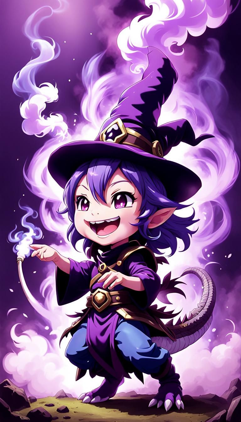 Laughing Chibi Lizardman Witch in Anime Style