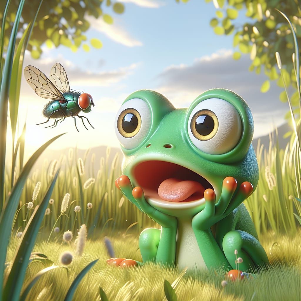 Astonished Emerald Frog and Fly: 3D Model