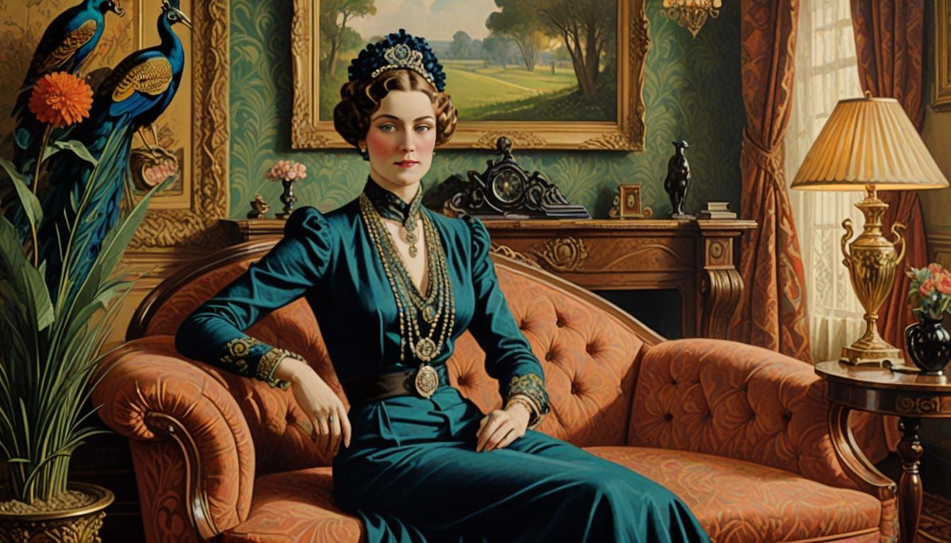 Mrs. Peacock Lithograph in Art Deco Style