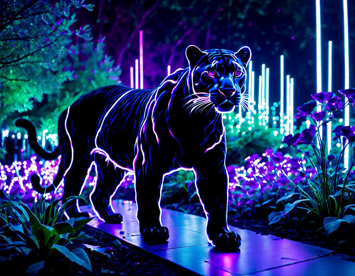 Cyberpunk Panther in Auroral Botanical Garden
