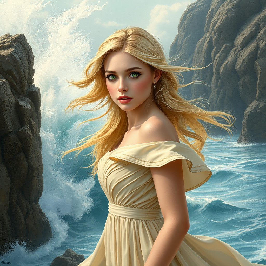 Stunning Blonde Woman Near Ocean Rocks