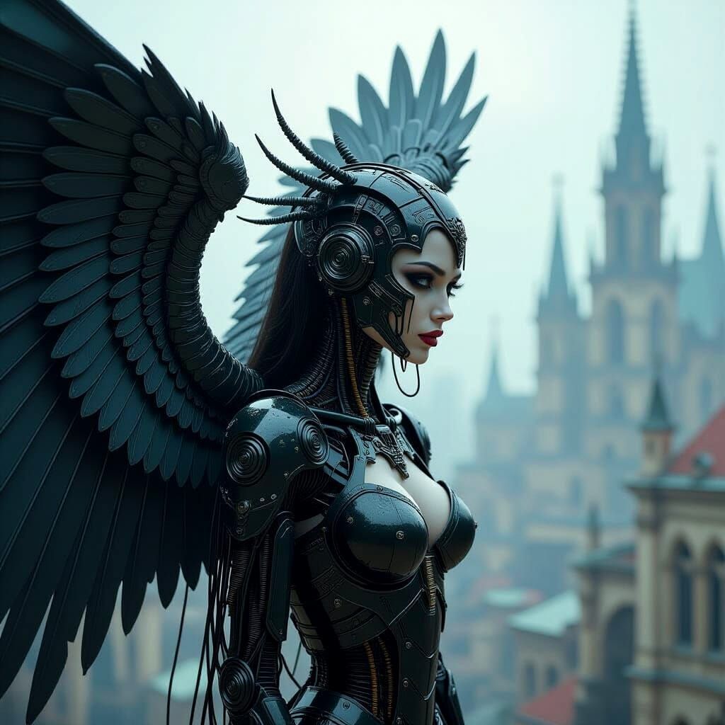 Cyborg Harpy Portrait in Gothic City Style