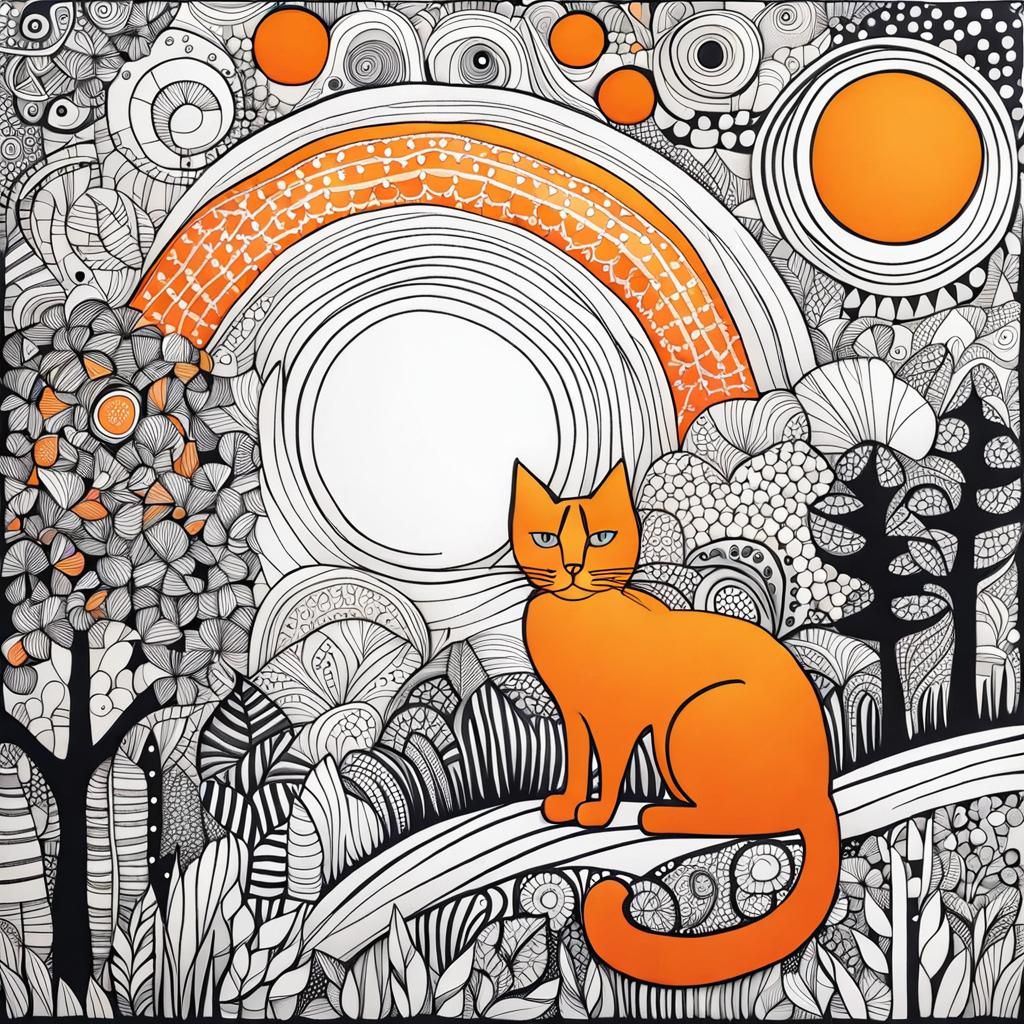 Whimsical Orange Cat World in Doodle Style