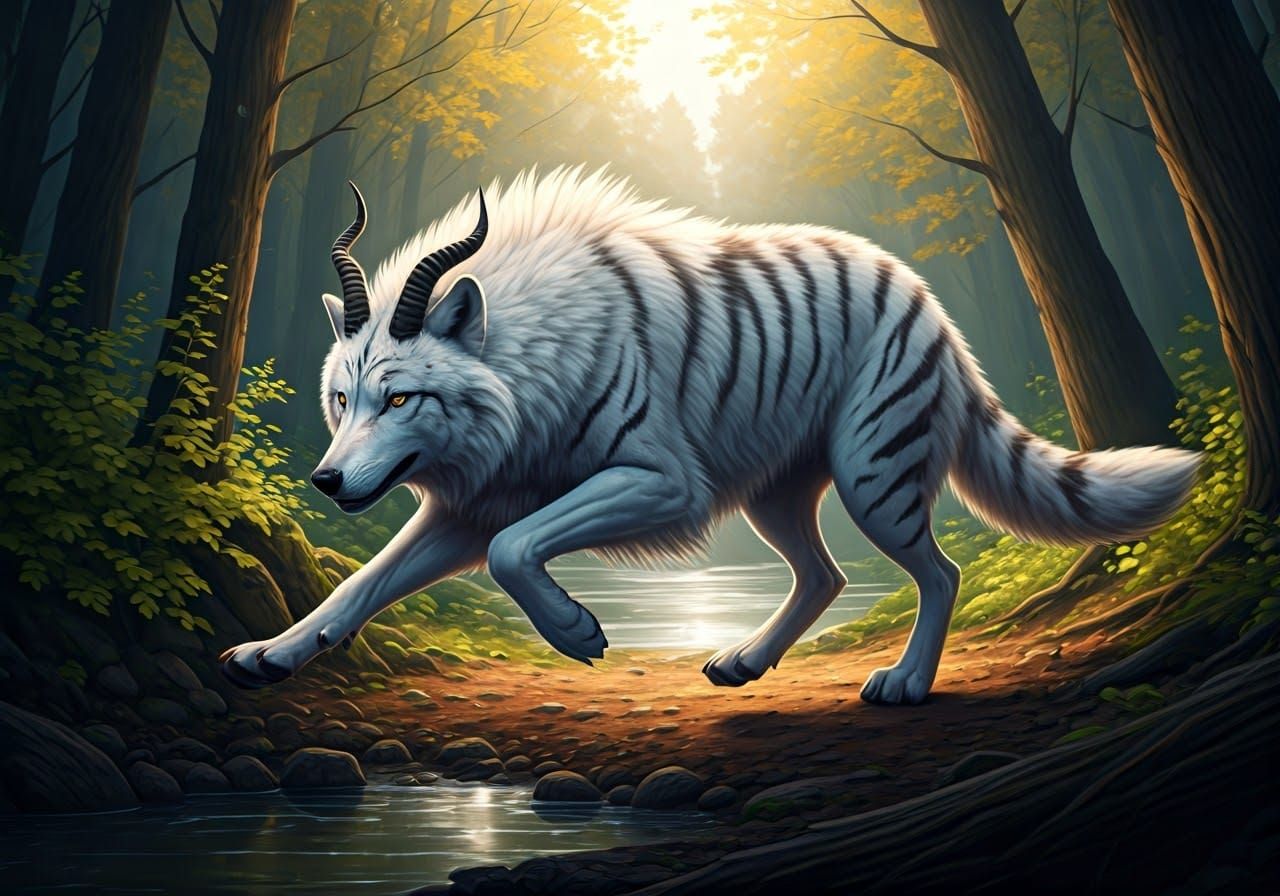 Hybrid Wolf Leaping Through Forest, Photorealistic
