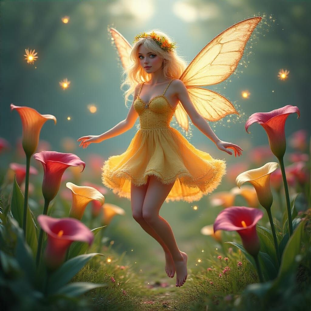 Blonde Fairy Among Calla Lillies in Hyperrealistic Style