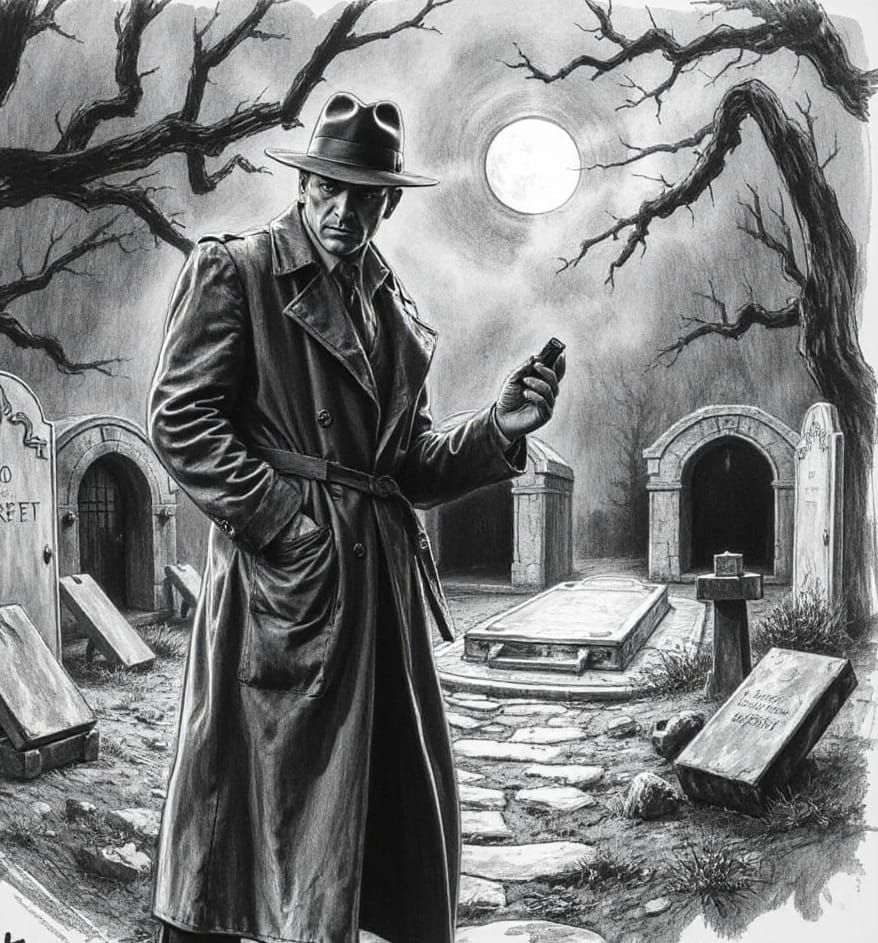 Noir Detective Investigates Crypt in Graveyard
