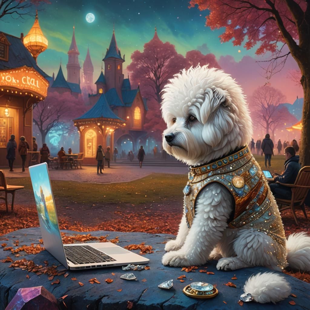 Diamond-Clad Bishon Frise in Surreal Dreamscape