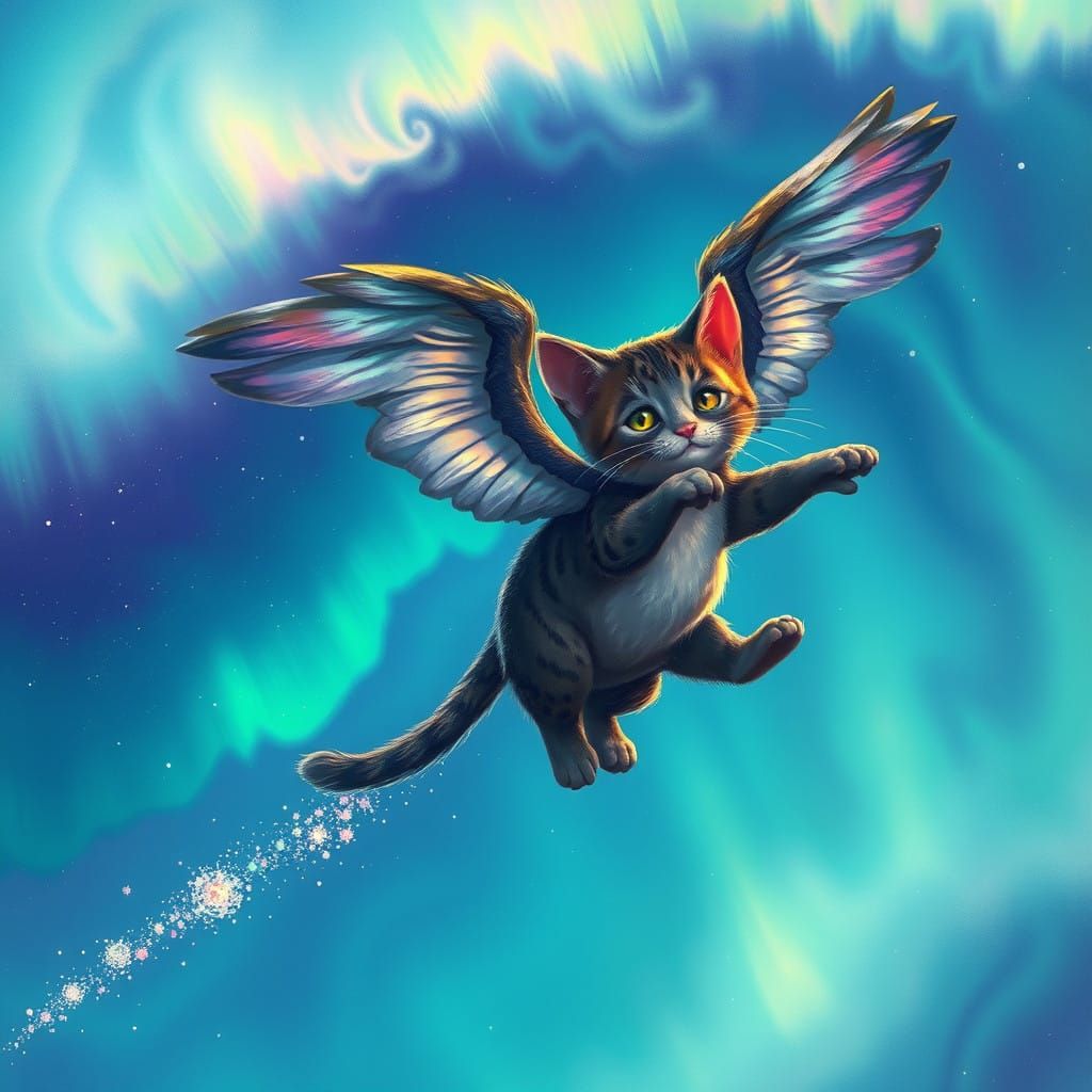 Whimsical Feline Soars Through Celestial Dreamscape