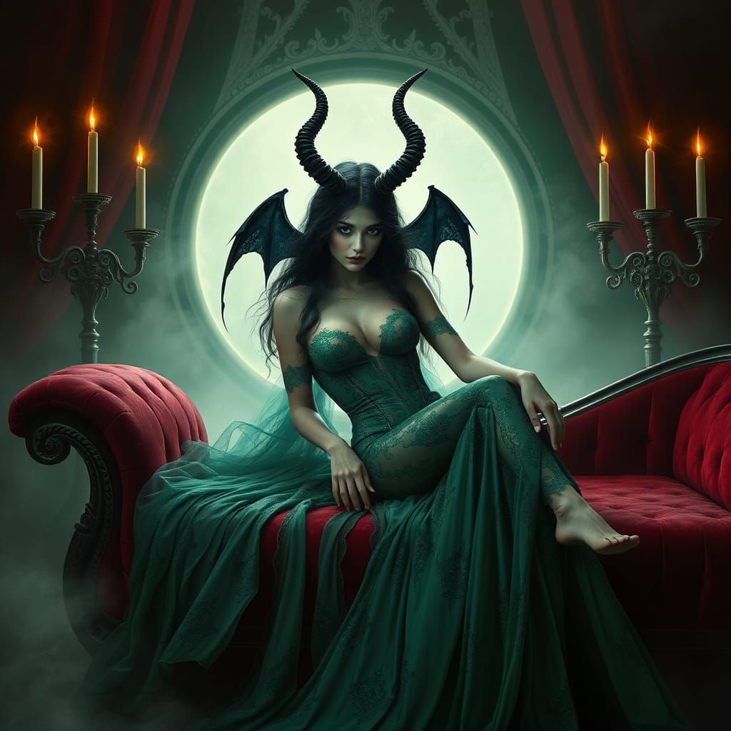 Succubus in Emerald Gown: Dark Biomechanical Surrealism