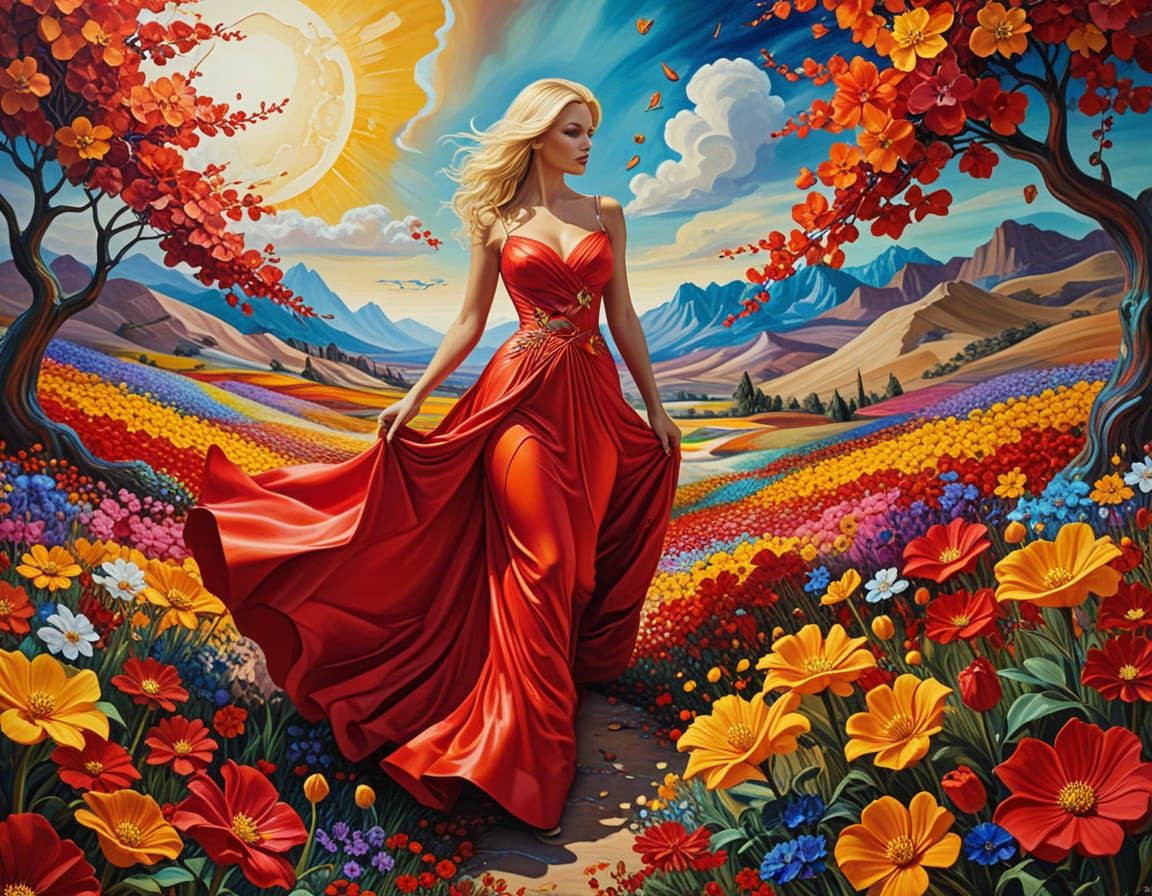 Surrealist Woman in Blossoming Abstract Landscape