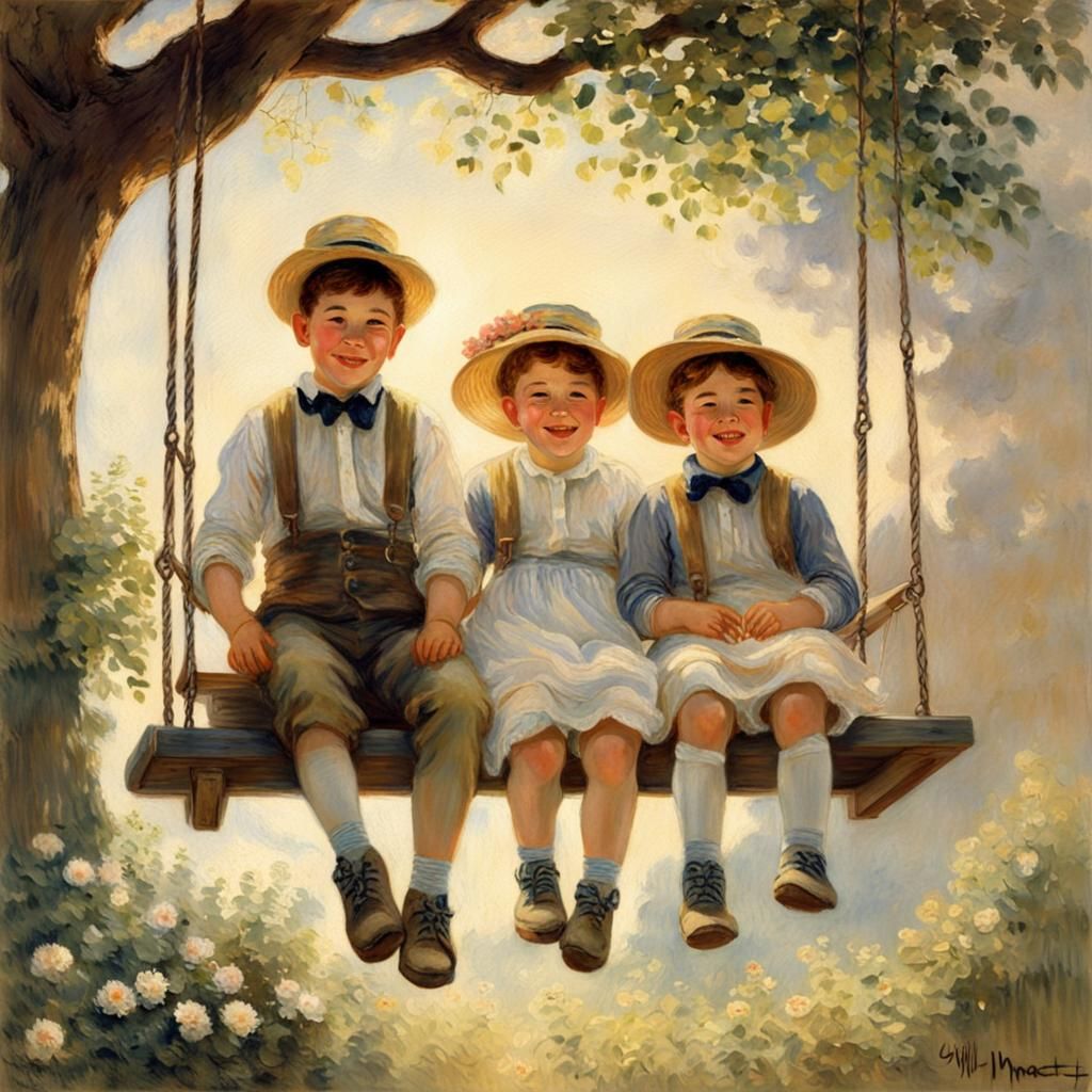 Siblings' Joy: Impressionistic Porch Scene in Evening Light