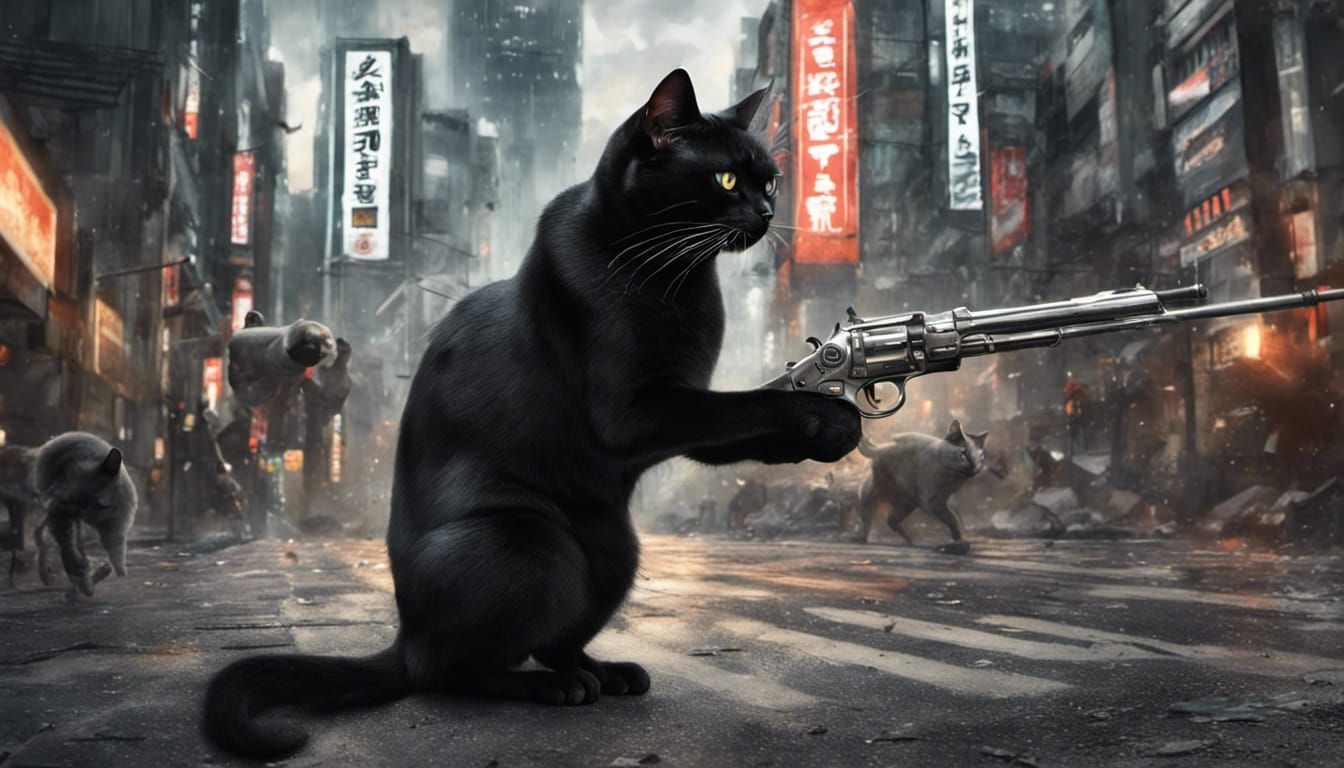 Cat Gunfight in Tokyo: Detailed Matte Painting