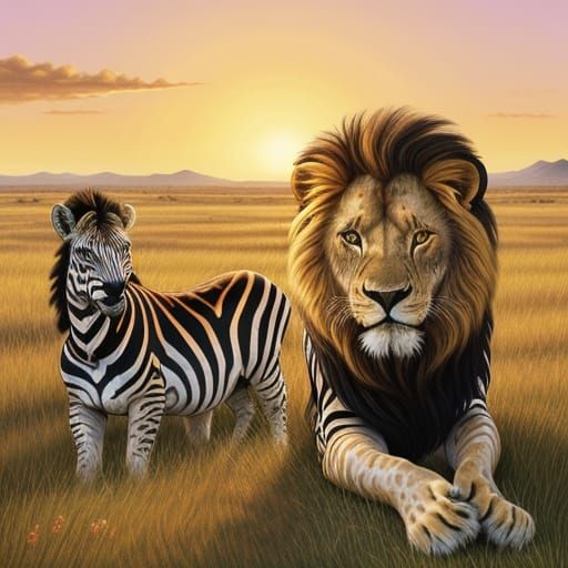Serengeti Lions and Zebras in Vibrant Oil Painting Style