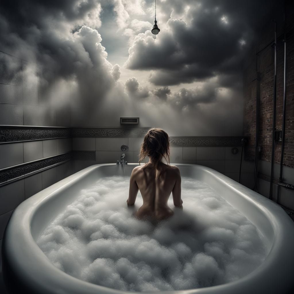 Hyperrealistic Woman in Shower with Cloud Cover