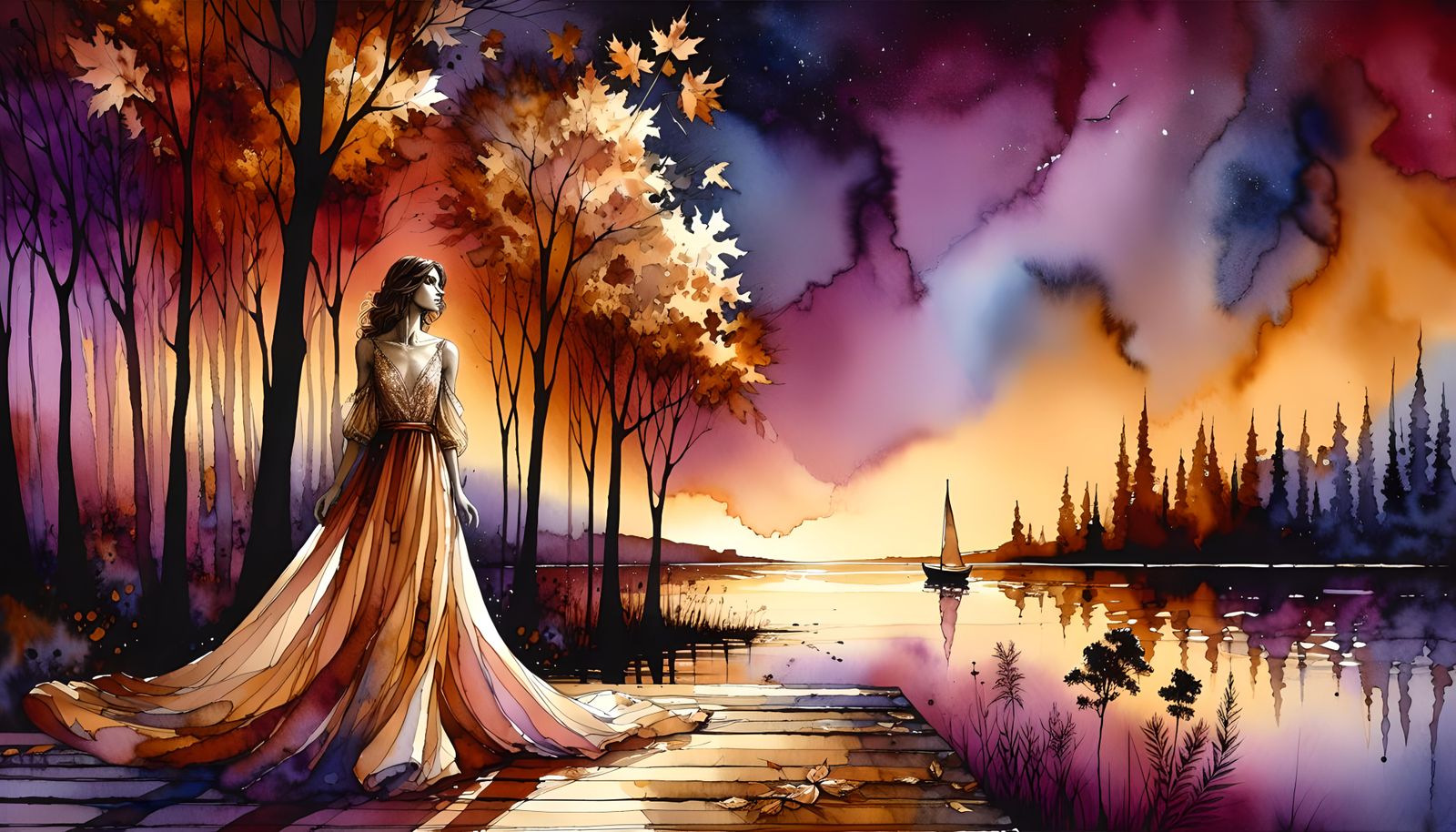 Elegant Woman at Twilight: Watercolor Autumn Scene
