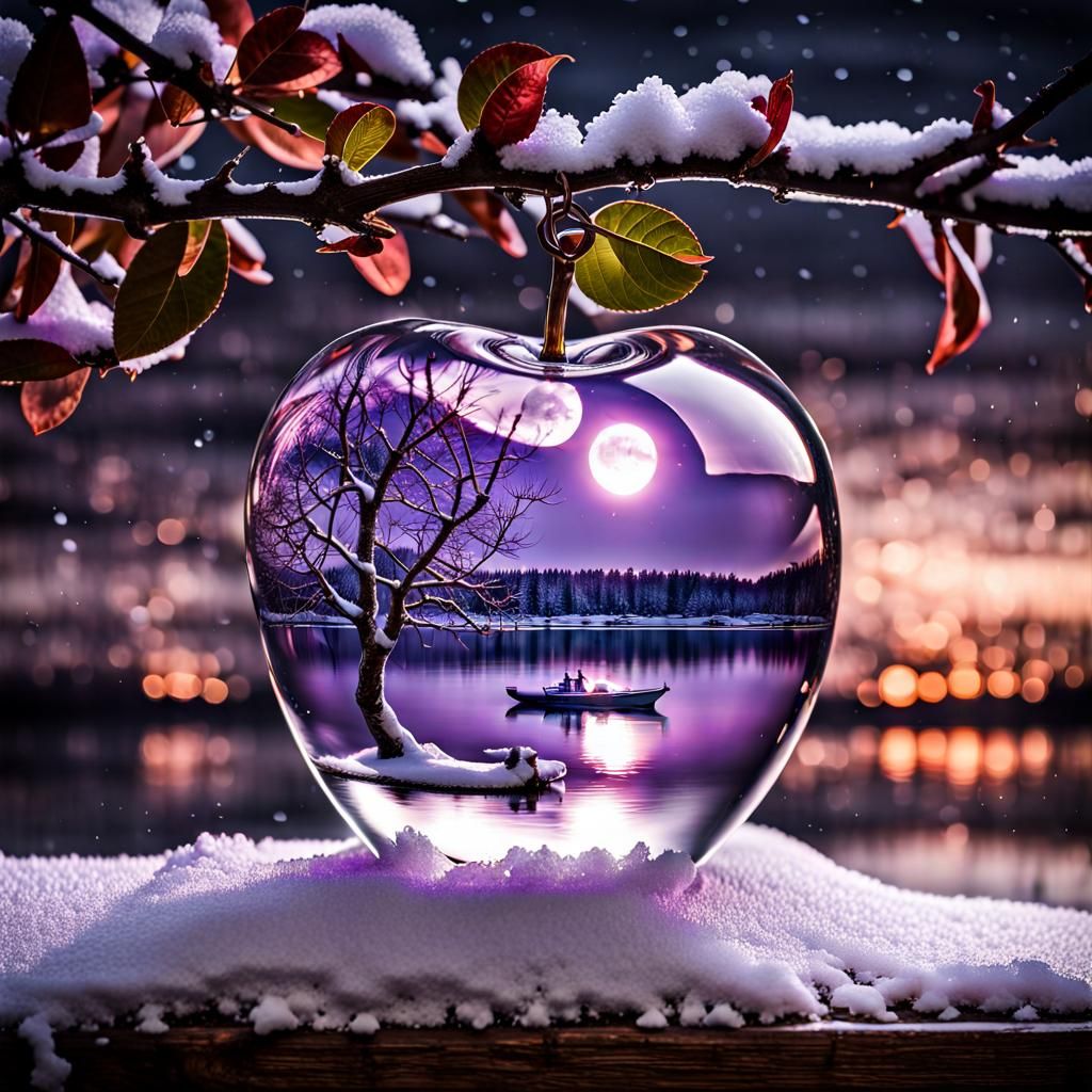 Crystal Apple with Boat on Lake at Full Moon
