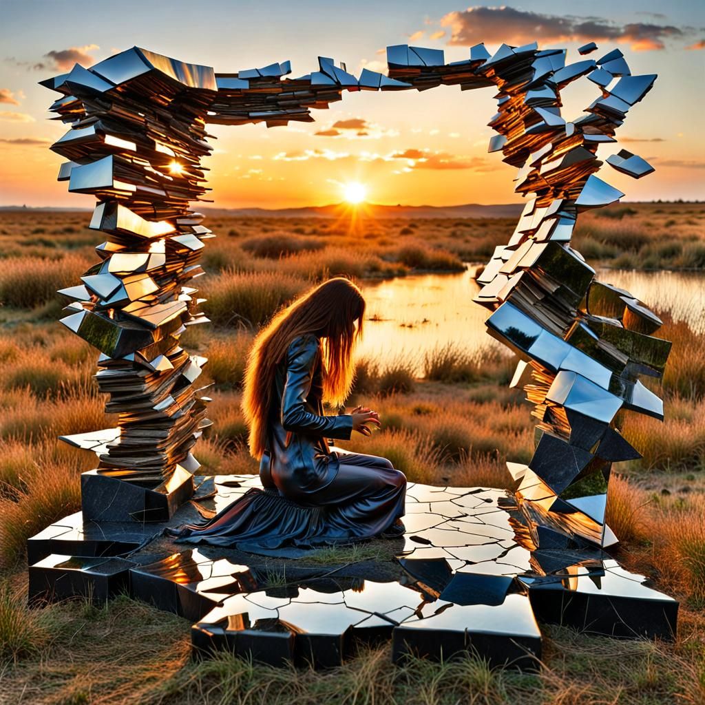 Surreal Fragmented Sculpture of Woman at Sunset