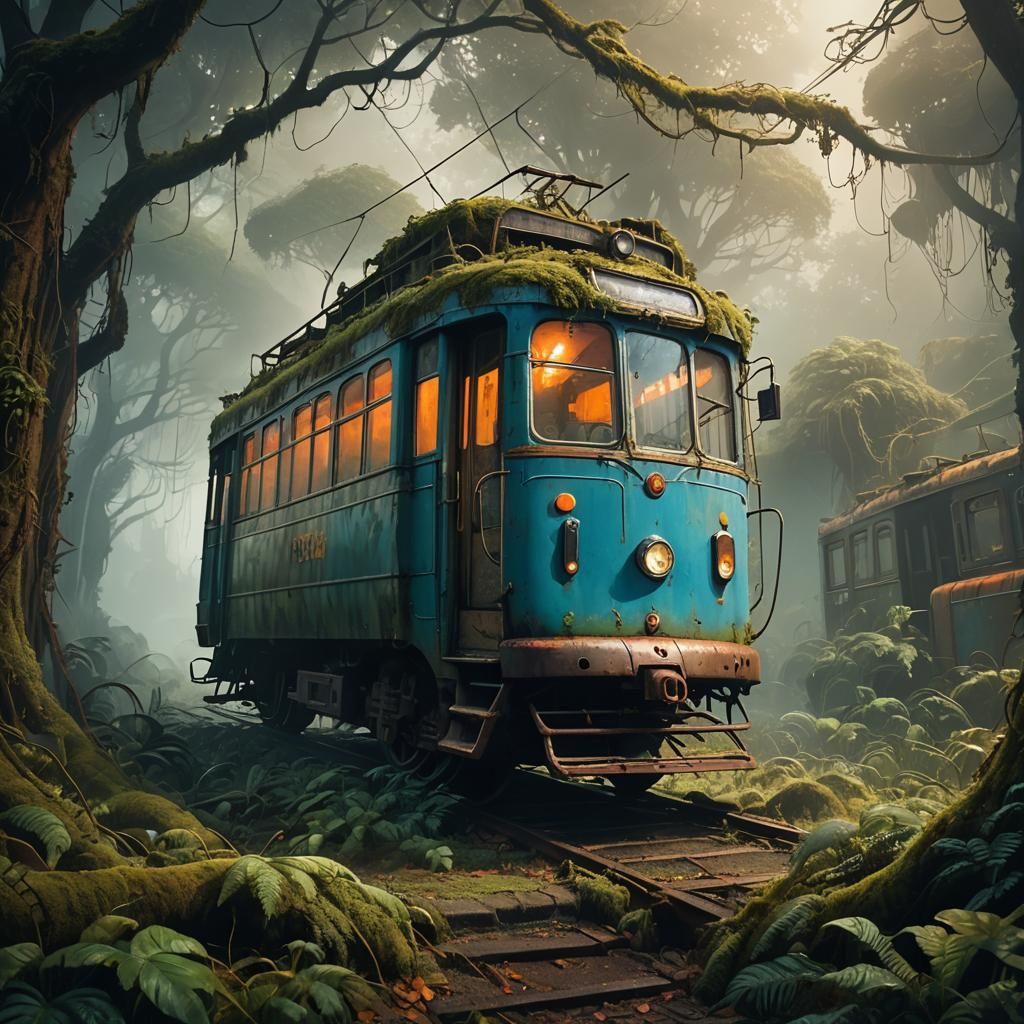 Abandoned Tram in Jungle at Night: Concept Art