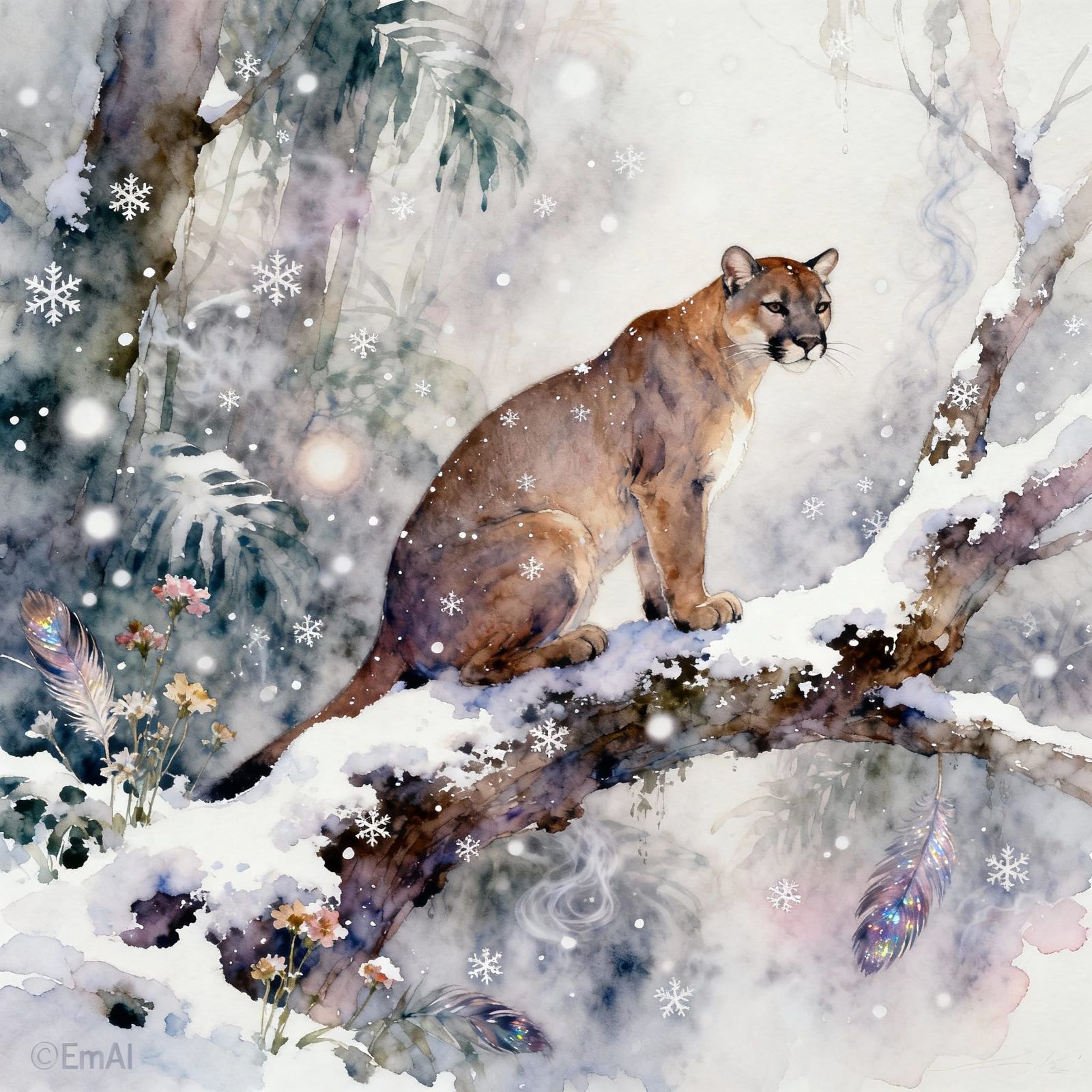 Puma Hunts in Dreamy Hazy Jungle Watercolour Art