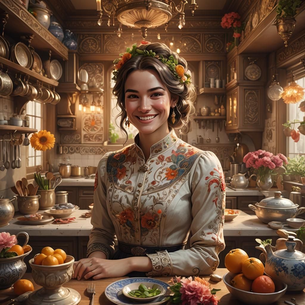 Smiling Tradwife in Ornate Kitchen, Concept Art