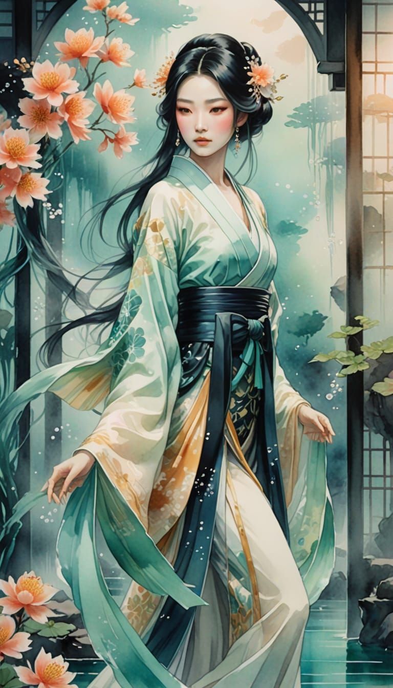 Princess Otohime in Japanese Watercolor Style