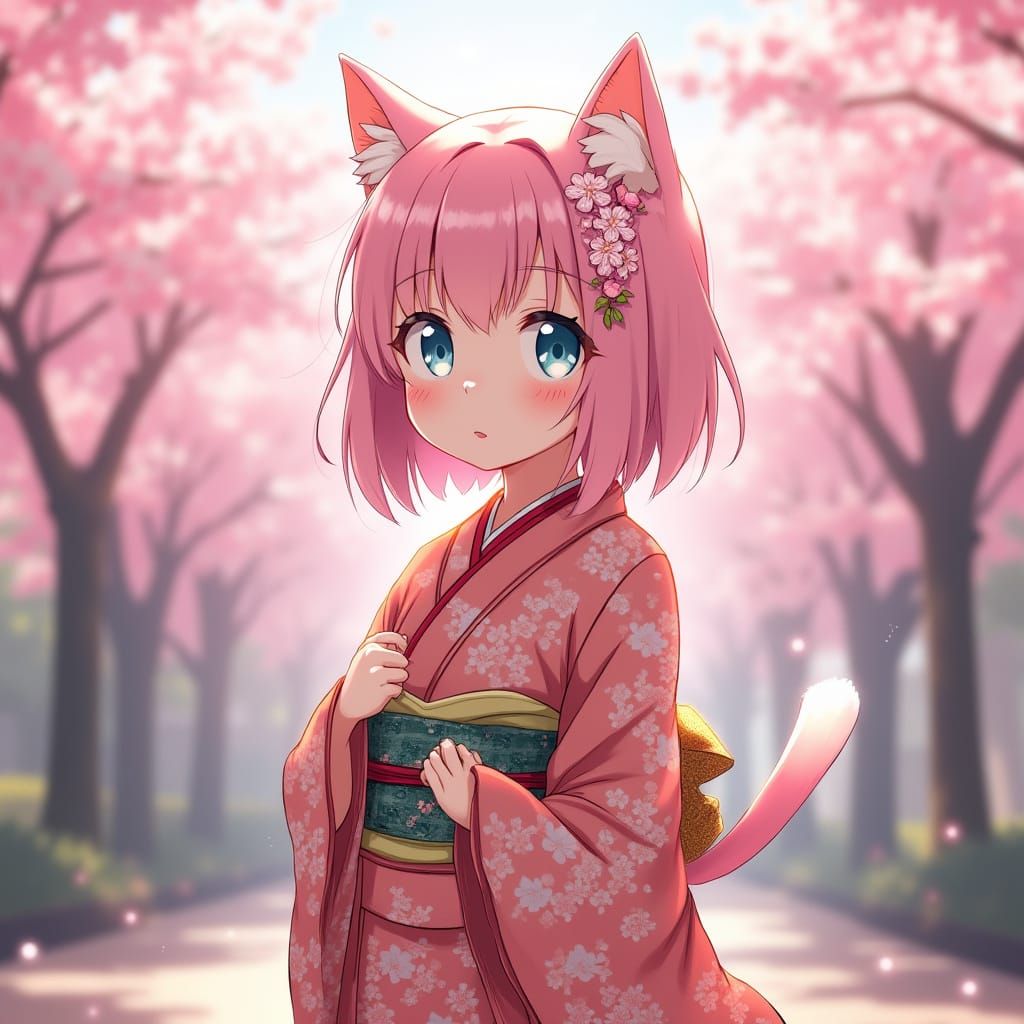 Anime Cat Girl in Kimono in Cherry Blossom Garden