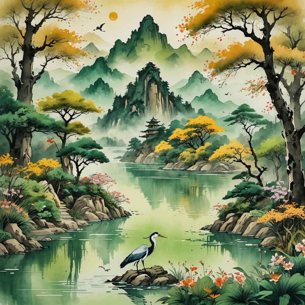 Chinese Ink Art: Heron at Mountain Lake