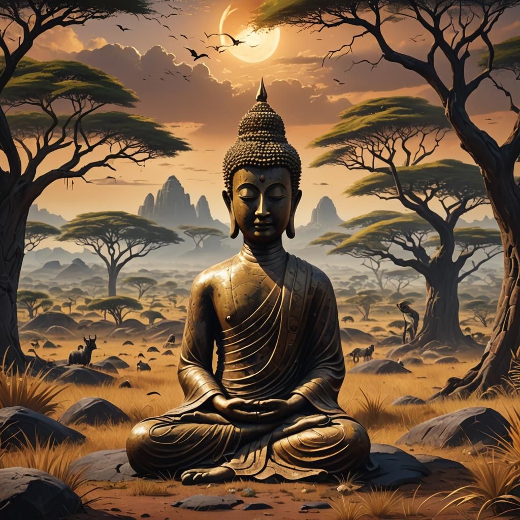 Buddha Meditating on the Savannah in Pulp Art