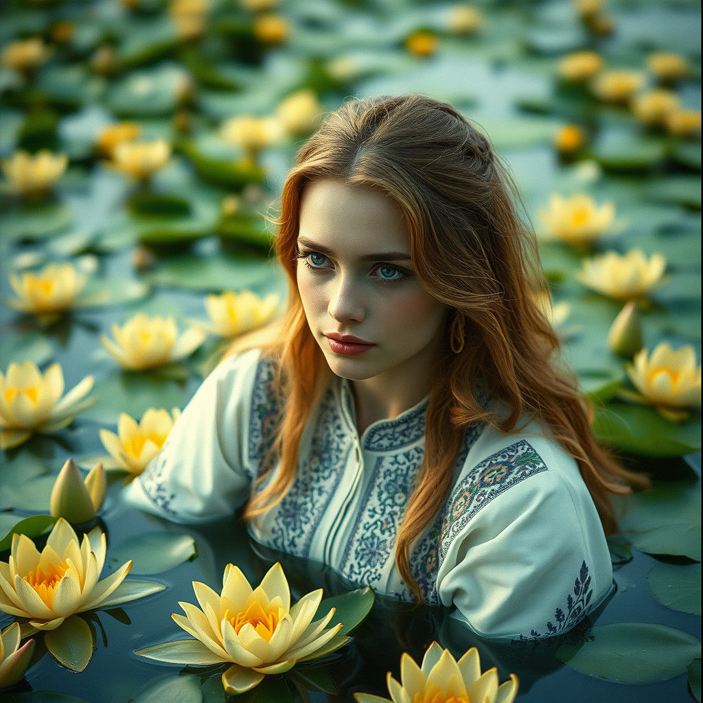 Ukrainian Forest Spirit Hiding Among Lilies: Cinematic Still