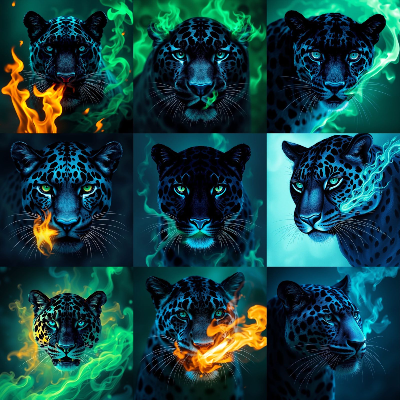 Surreal Blue Jaguar in Emerald Cityscape