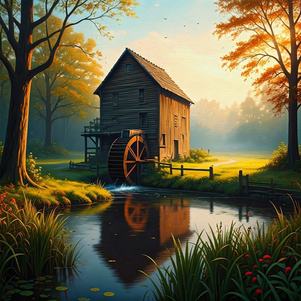 Misty Watermill in Autumnal Impressionist Landscape