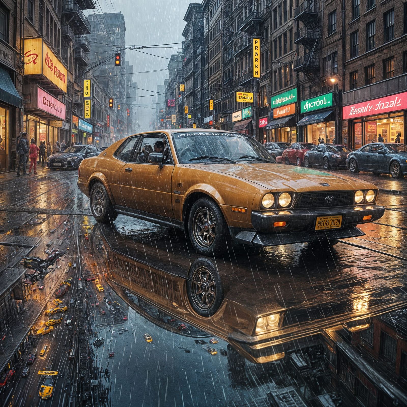 Cars Racing in Rainy Metropolis, Hyperrealistic