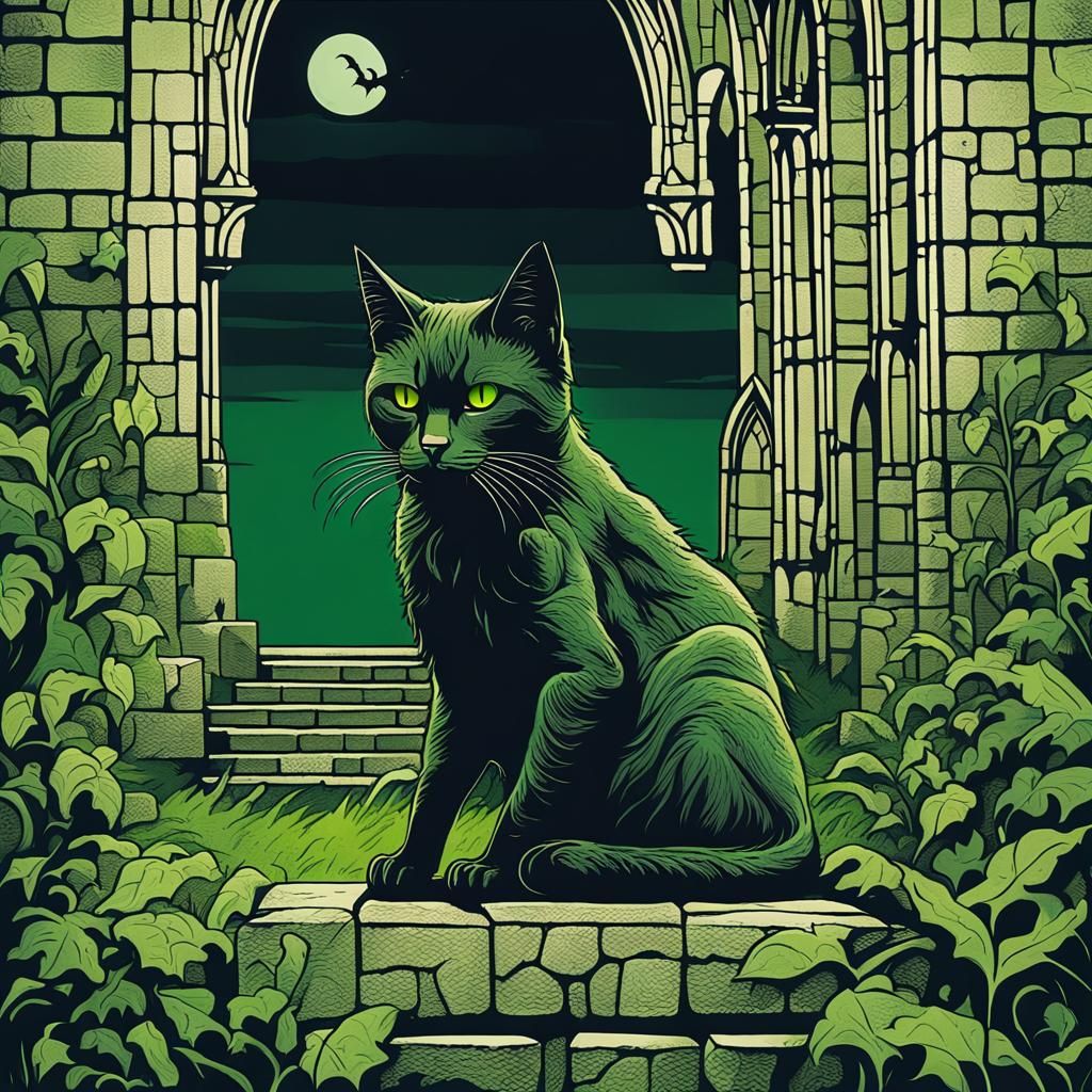 Scary Vampire Cat in Gothic Graveyard