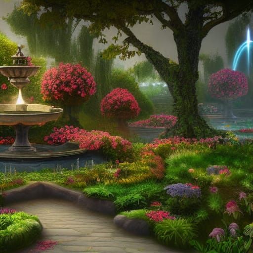 Fantastical Fountain in Flower Garden: Matte Painting