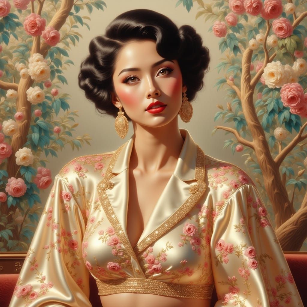 Elegant Asian Woman in Silk Pajamas, Art Nouveau Style