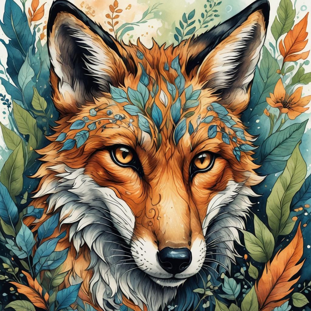 Mythical Tattoo Fox Cub Portrait in Watercolor Style