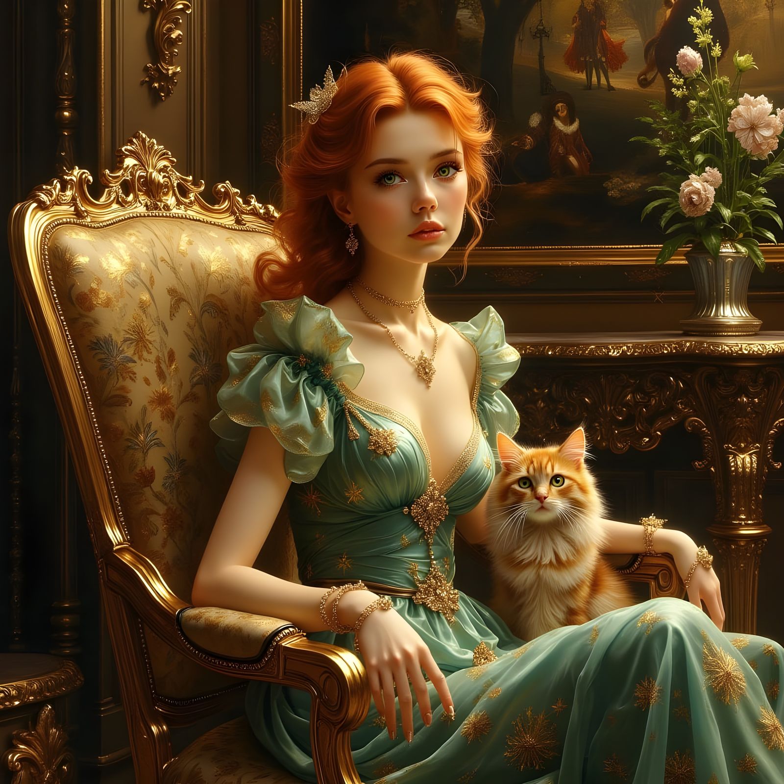 Auburn-Haired Beauty in Gothic Art Nouveau Salon