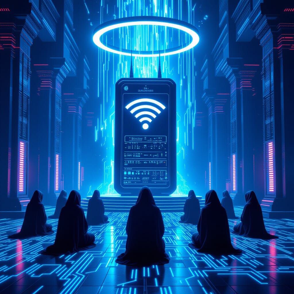 Neon Blue Futuristic Temple with WiFi Idol