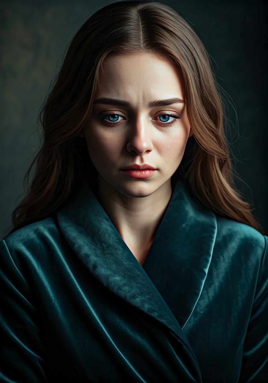 Melancholic Woman with Piercing Blue Eyes