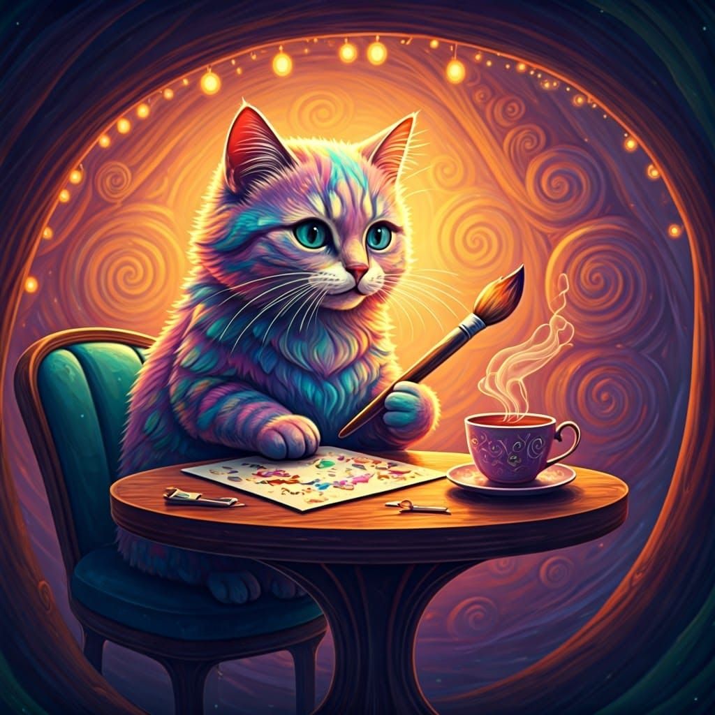 Surreal Cat Enjoys Tea and Art in Whimsical Candyland-Inspir...