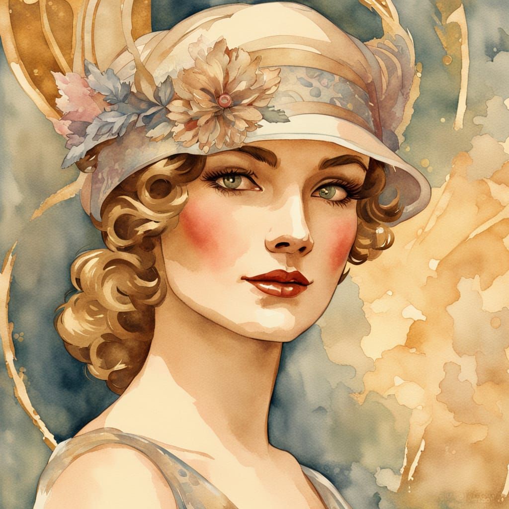 Art Nouveau Pin-Up Girl in Watercolor Style