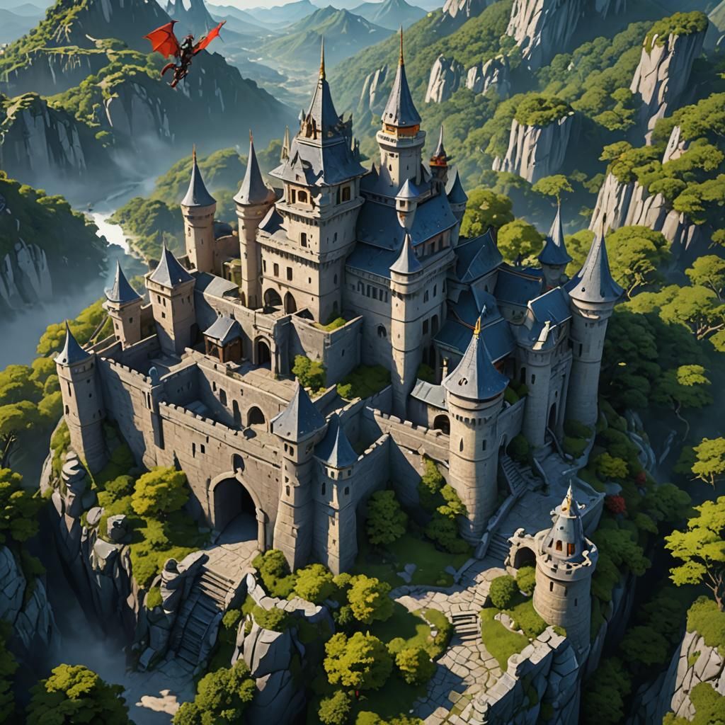 Dragon Roaming a Ruined Castle: 3D Anime Art